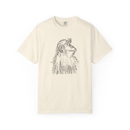 Cream T-shirt 'Embrace the Monkey Mind' with black sketch of an ape in profile looking right