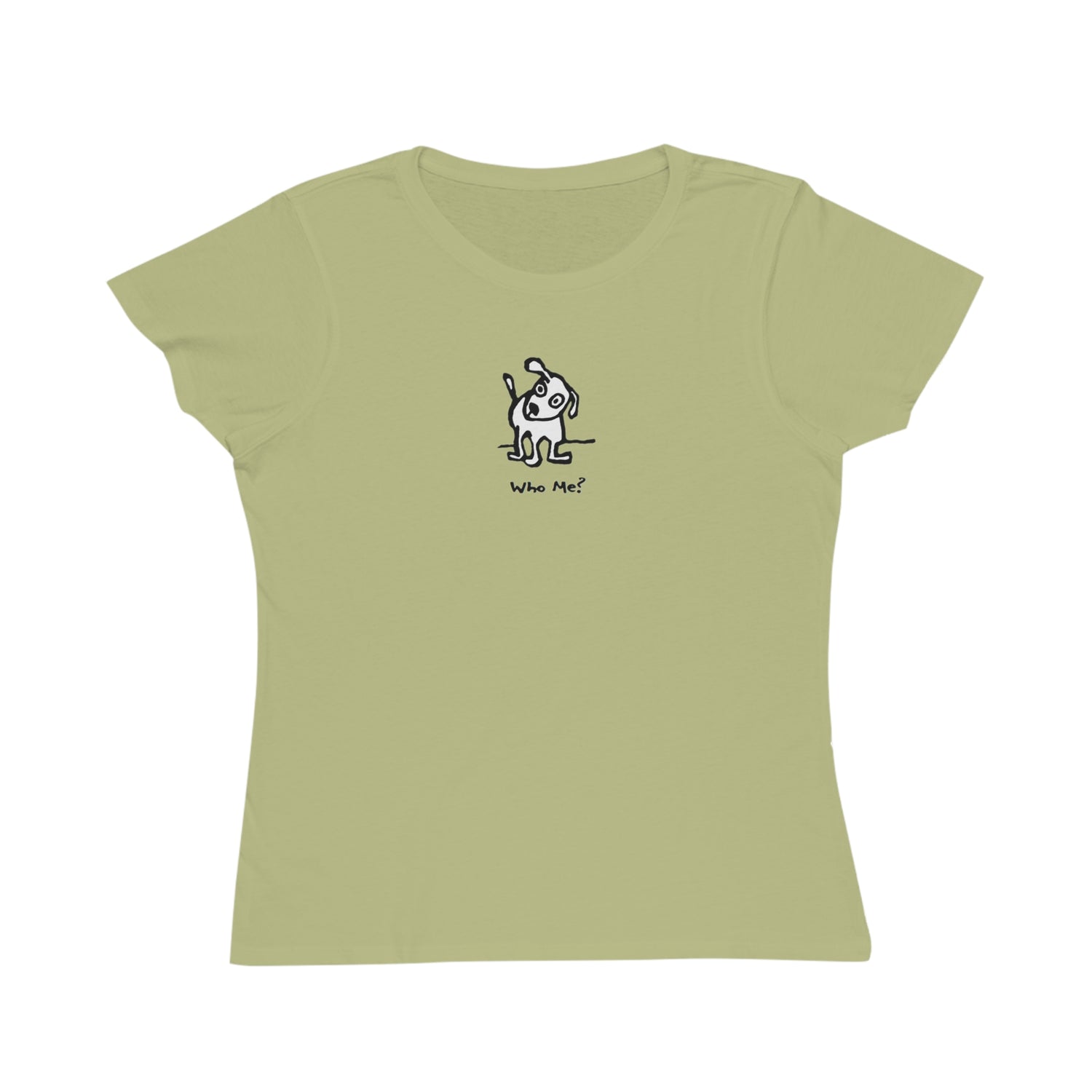 Light green colored women's t-shirt featuring a small, centered linocut-style illustration of a cartoon dog with a raised ear and tilted head, standing above the caption “Who Me?”