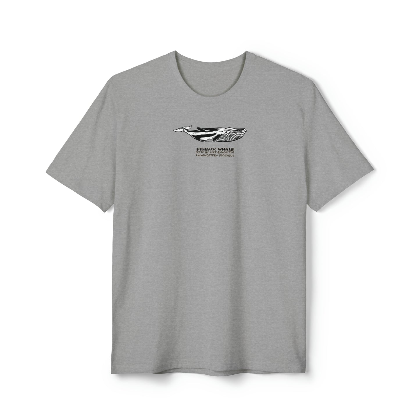 Black, white, and grey Finback Whale on light heather grey color unisex men's t-shirt. Text under image says Finback Whale plus height weight and Latin name.