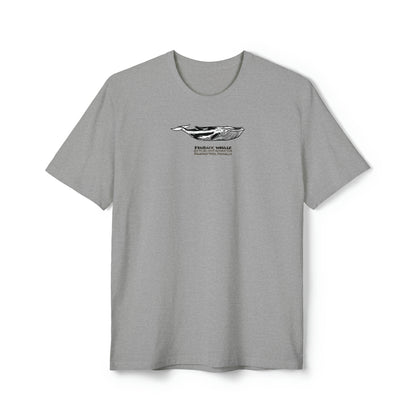 Black, white, and grey Finback Whale on light heather grey color unisex men's t-shirt. Text under image says Finback Whale plus height weight and Latin name.