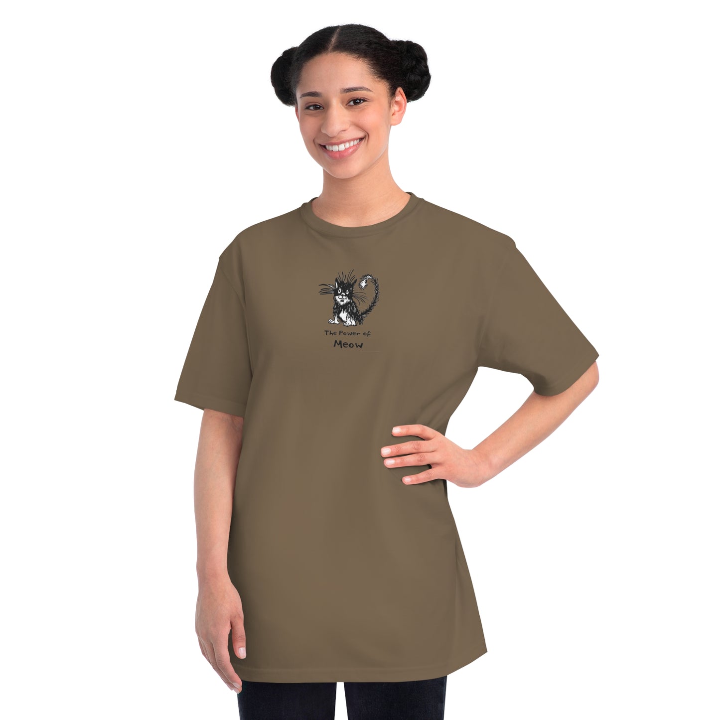 Woman standing wearing meteorite brown organic unisex t-shirt featuring a humorous cartoon cat design with the text “The Power of Meow,” perfect for cat lovers.