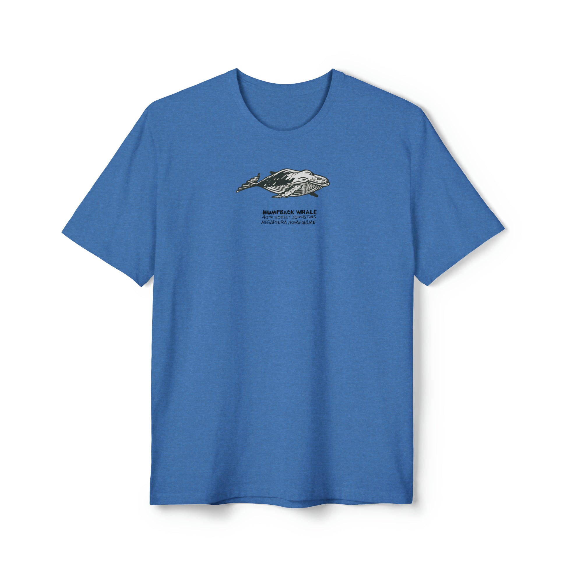 Black, white, and gray Humpback Whale on blue heather color unisex men's t-shirt. Text under image says Humpback Whale plus height weight and Latin name.