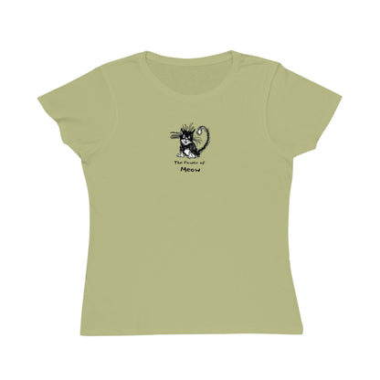 Black and white cat sitting on wasabi green color women's t-shirt. Text under reads The Power of Meow