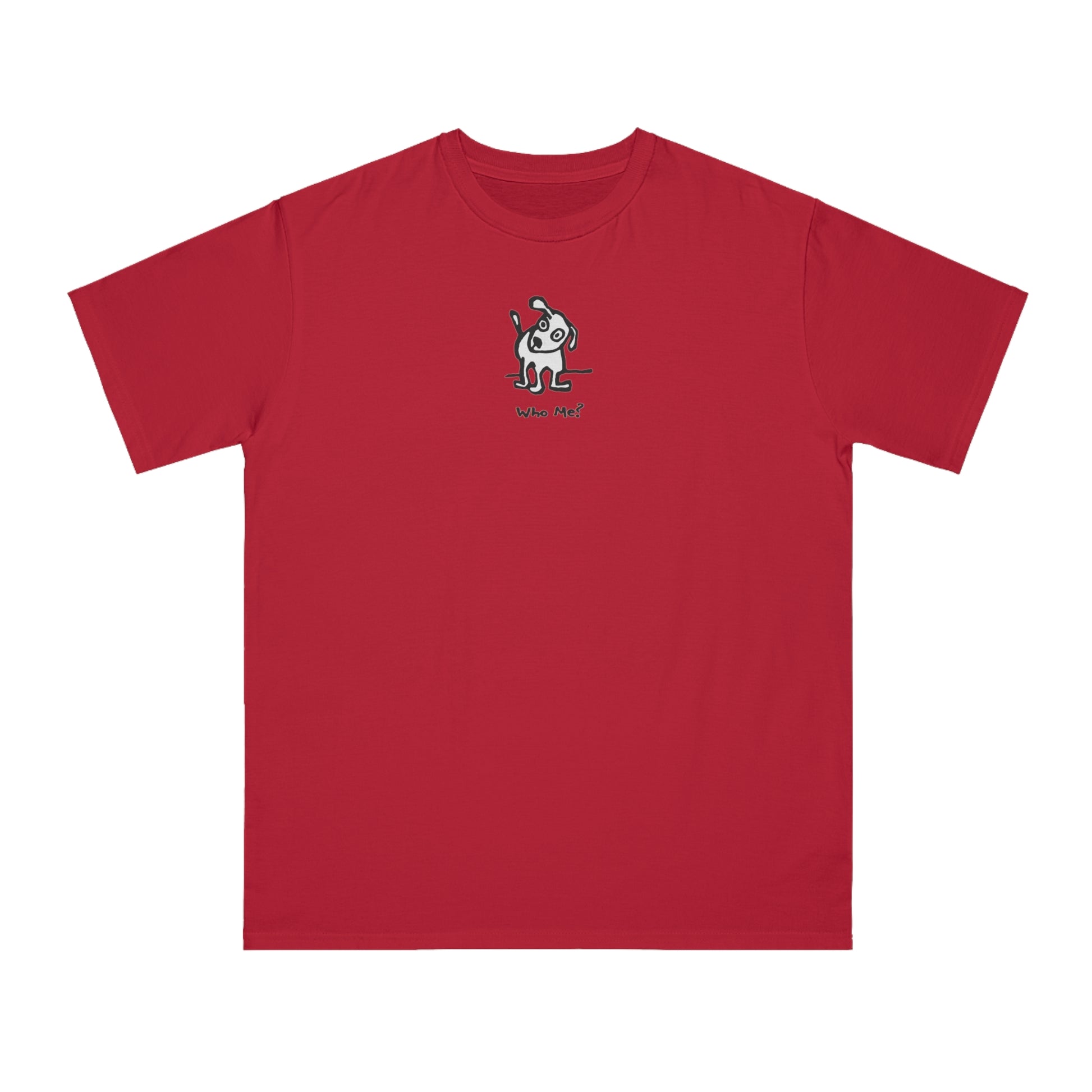 White dog with head cocked to one side on red pepper color unisex men's t-shirt. Text under image reads Who Me