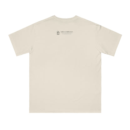 Back of dolphin beige organic t-shirt with Who Me? dog logo and Makin’ a Difference tagline Feeling Good Inside and Out!