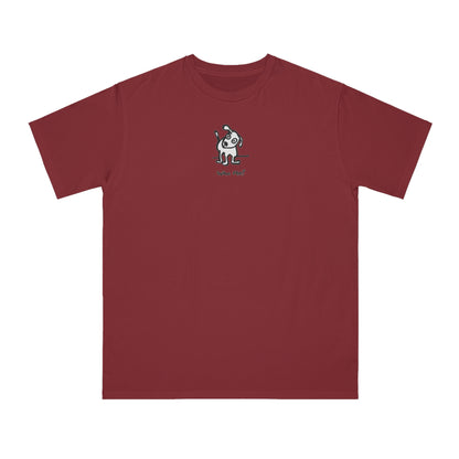 Manzanita red organic unisex t-shirt featuring a playful, cartoon-style dog with one ear raised and a wagging tail, with the caption “Who Me?” printed below—a fun eco-friendly graphic tee for dog lovers.