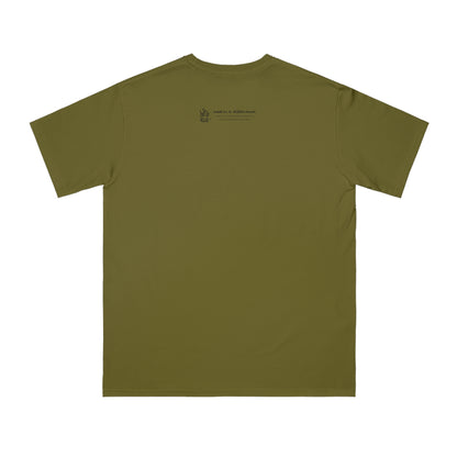 Back of olive green organic t-shirt with Who Me? dog logo and Makin’ a Difference tagline Feeling Good Inside and Out!