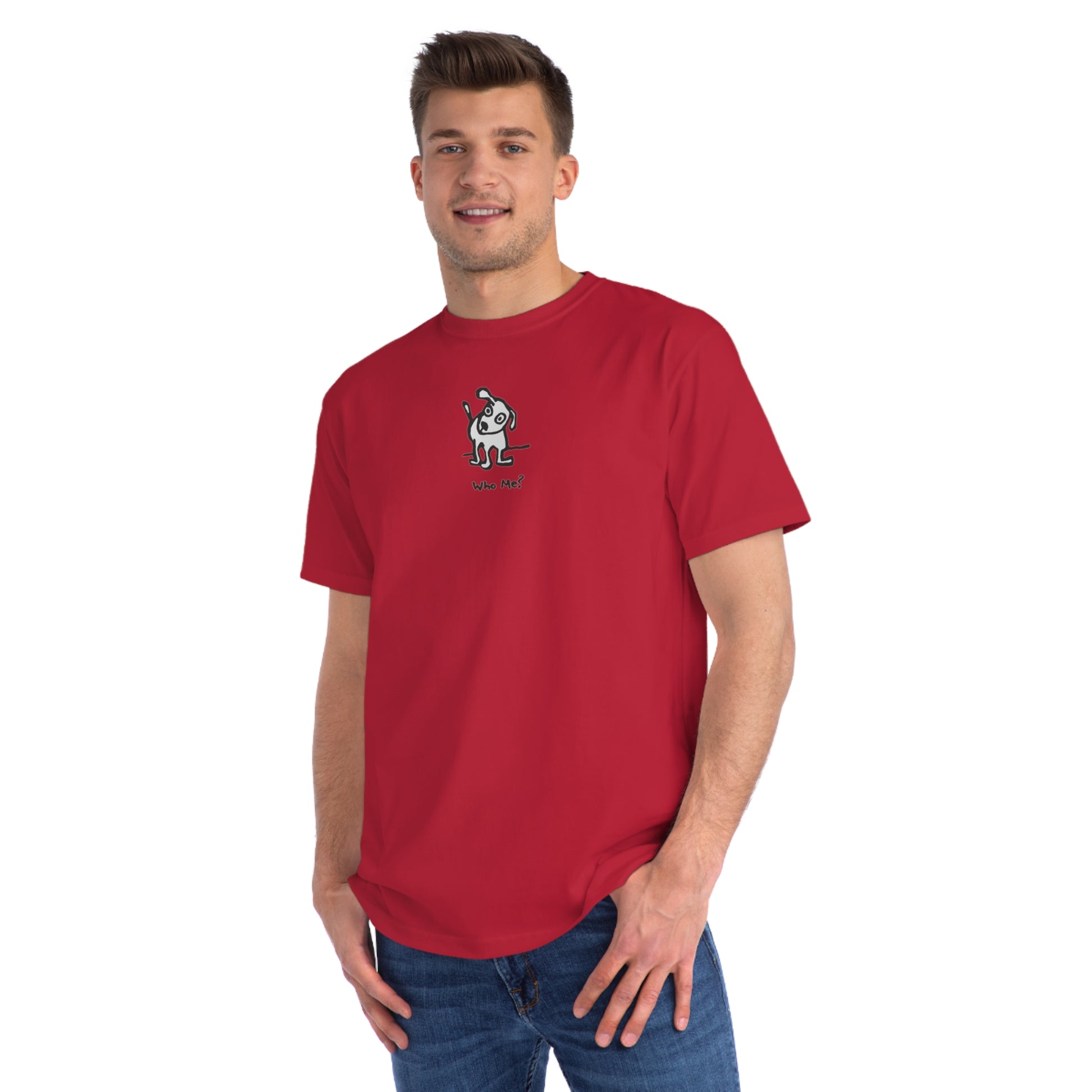 Man in pepper red organic unisex t-shirt featuring a playful, cartoon-style dog with one ear raised and a wagging tail, with the caption “Who Me?” printed below—a fun eco-friendly graphic tee for dog lovers.