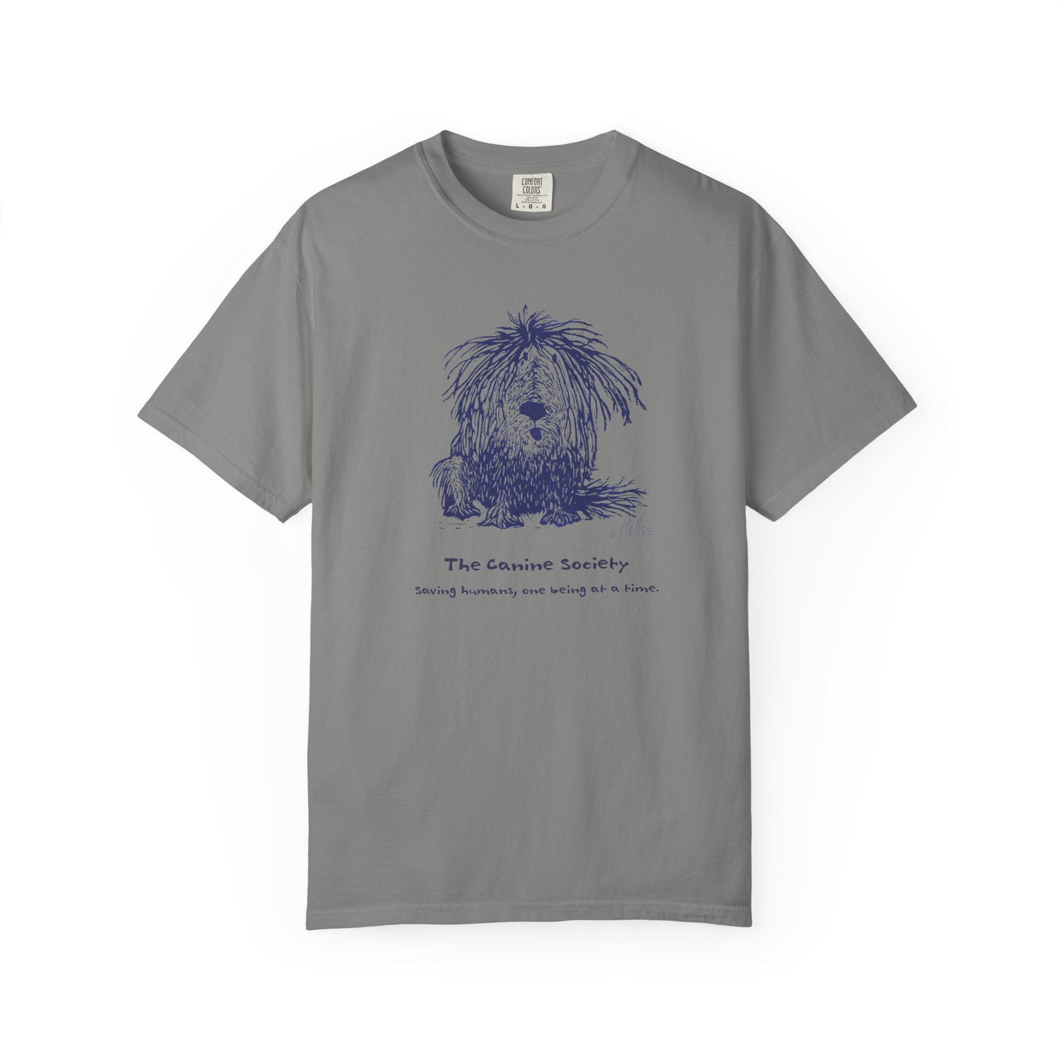 Granite-colored unisex t-shirt featuring a linoleum print image of a shaggy dog in dark blue ink. Text below the image reads "The Canine Society" and "Saving humans, one being at a time."
