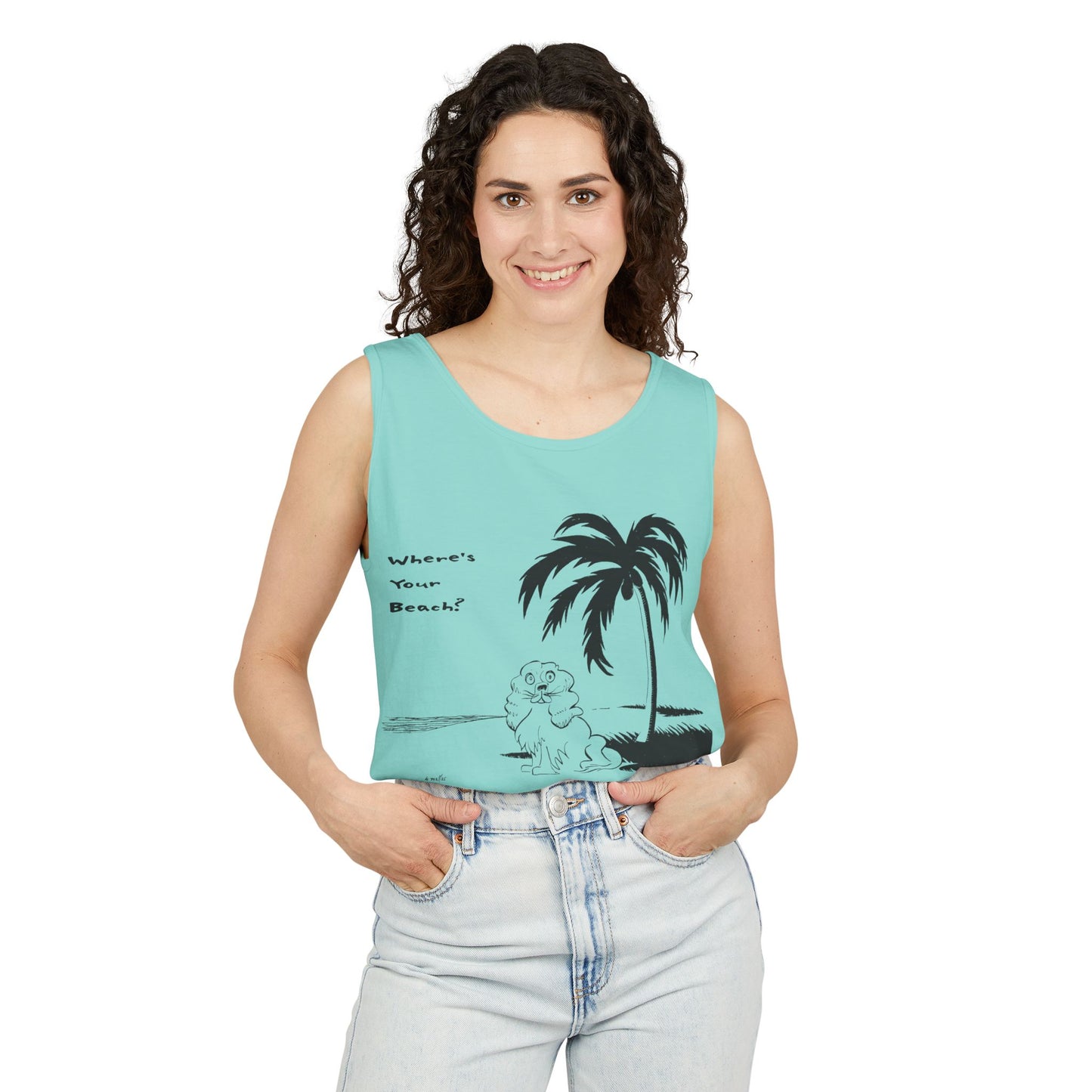 woman wearing chalky mint colored tank top with image of cocker spaniel on beach under palm tree with text reading Where's Your Beach?