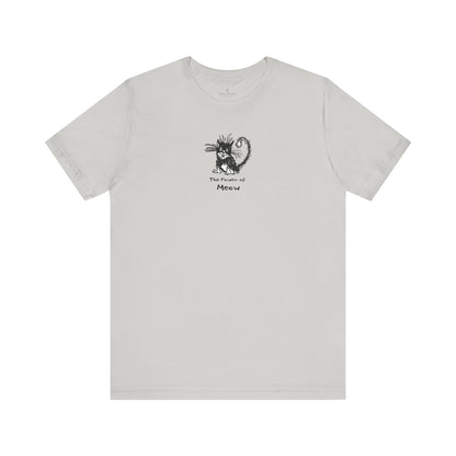 White t-shirt with a black and white graphic of a cat with text The Power of Meow below it.