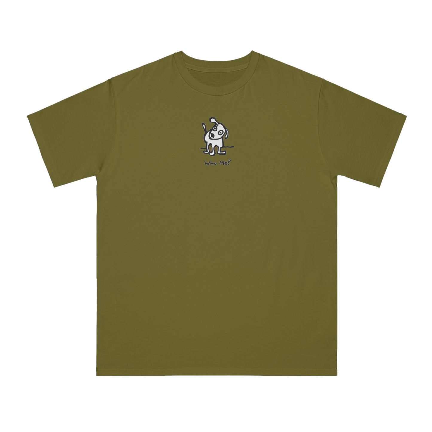 White dog with head cocked to one side on olive color unisex men's t-shirt. Text under image reads Who Me