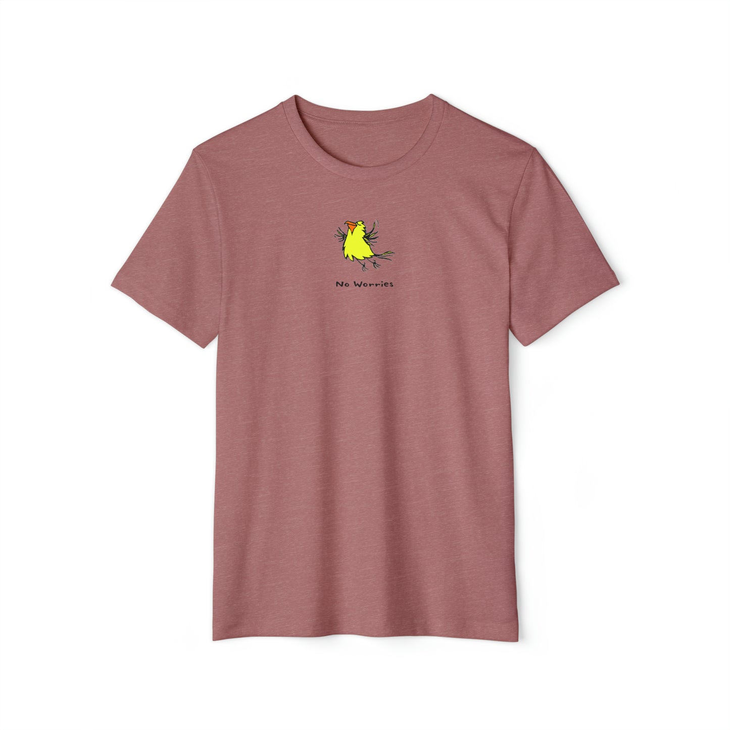 Yellow flying bird with orange beak on heather mauve red color unisex men's t-shirt. Text under image says No Worries