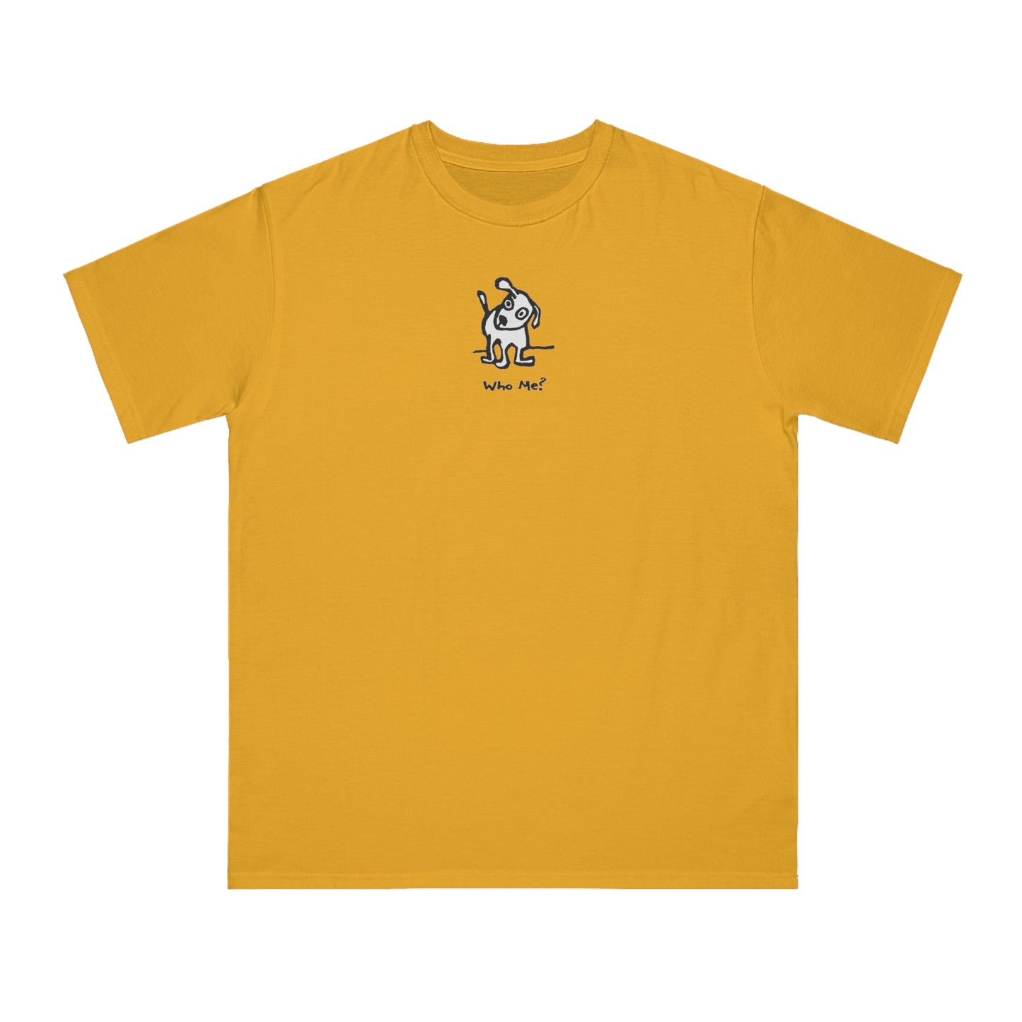 White dog with head cocked to one side on beehive yellow color unisex men's t-shirt. Text under image reads Who Me
