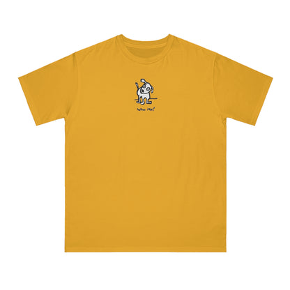 White dog with head cocked to one side on beehive yellow color unisex men's t-shirt. Text under image reads Who Me