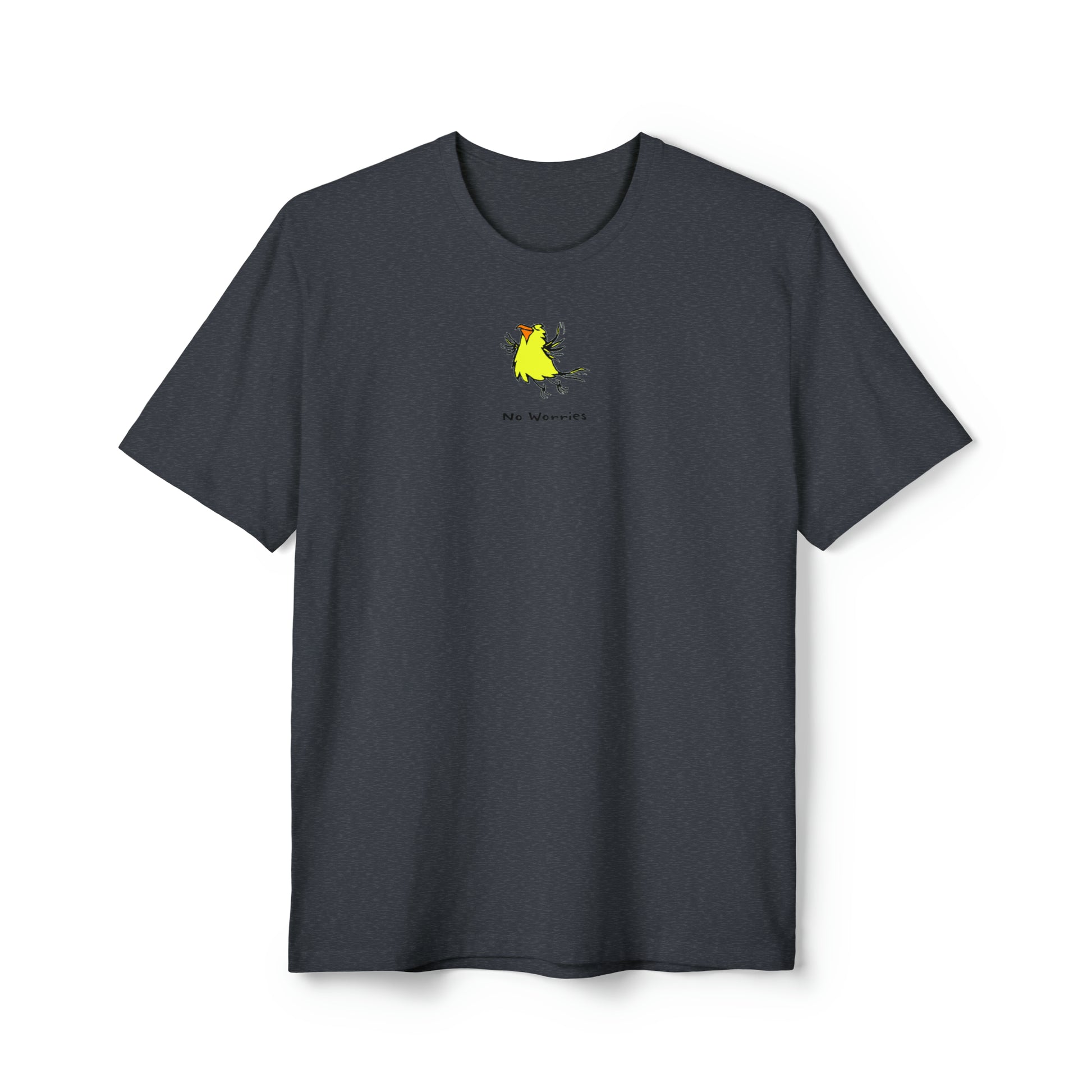 Yellow flying bird with orange beak on heather navy color recycled unisex men's t-shirt. Text under image says No Worries