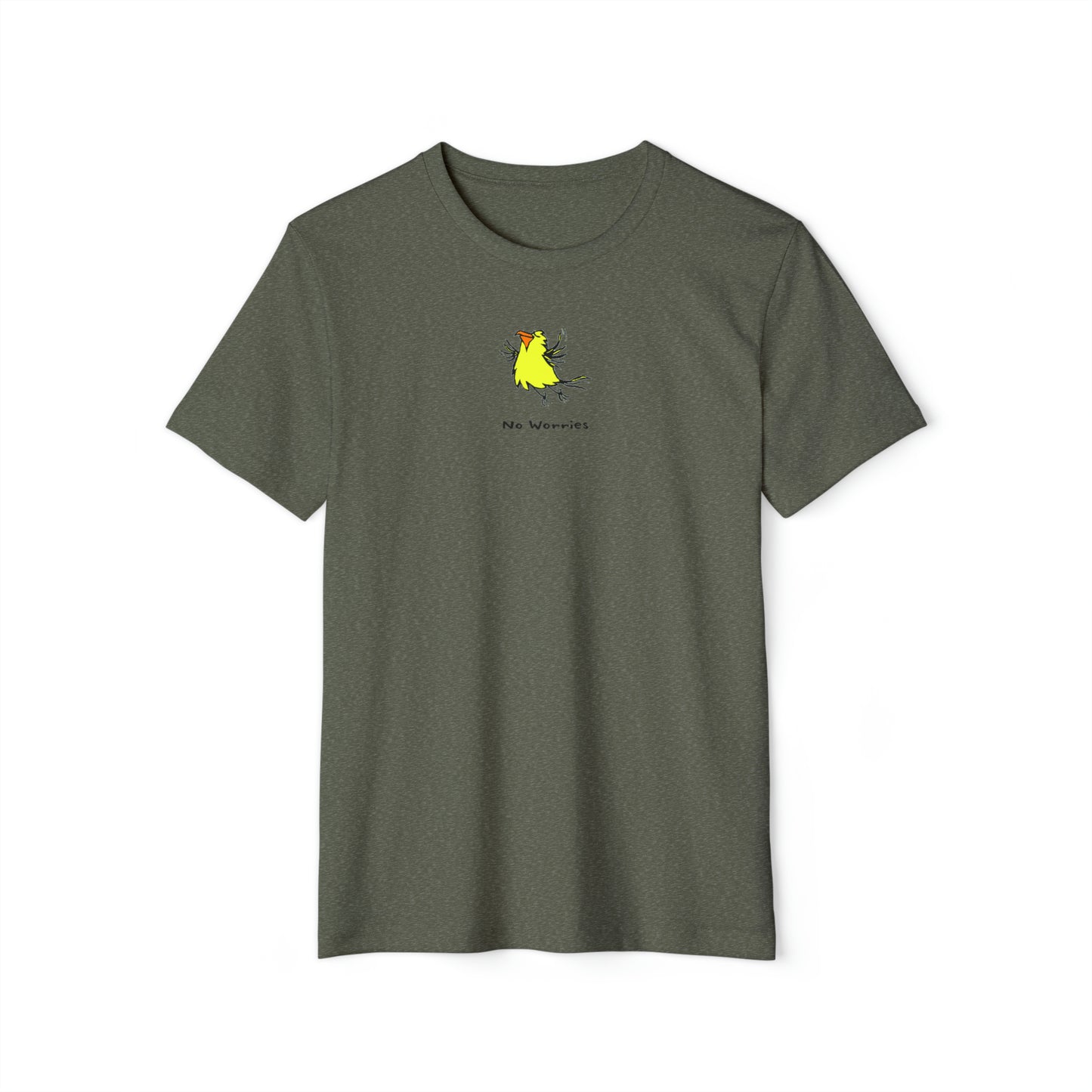 Yellow flying bird with orange beak on heather military green color unisex men's t-shirt. Text under image says No Worries