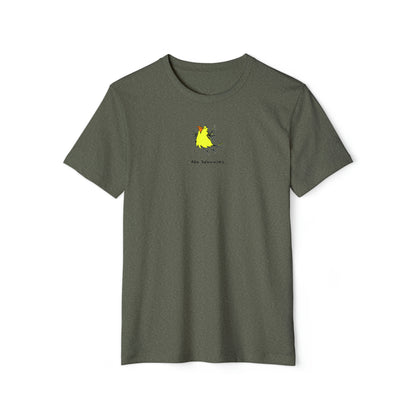 Yellow flying bird with orange beak on heather military green color unisex men's t-shirt. Text under image says No Worries