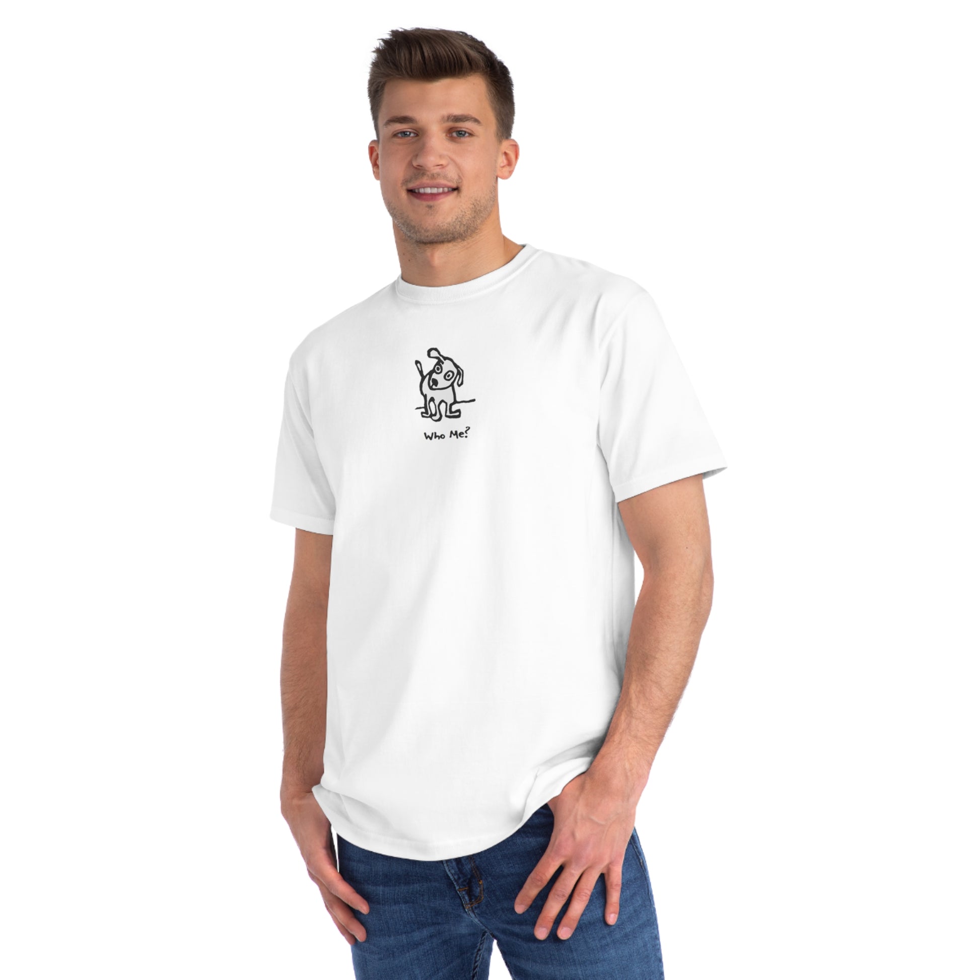 Man in white organic unisex t-shirt featuring a playful, cartoon-style dog with one ear raised and a wagging tail, with the caption “Who Me?” printed below—a fun eco-friendly graphic tee for dog lovers.