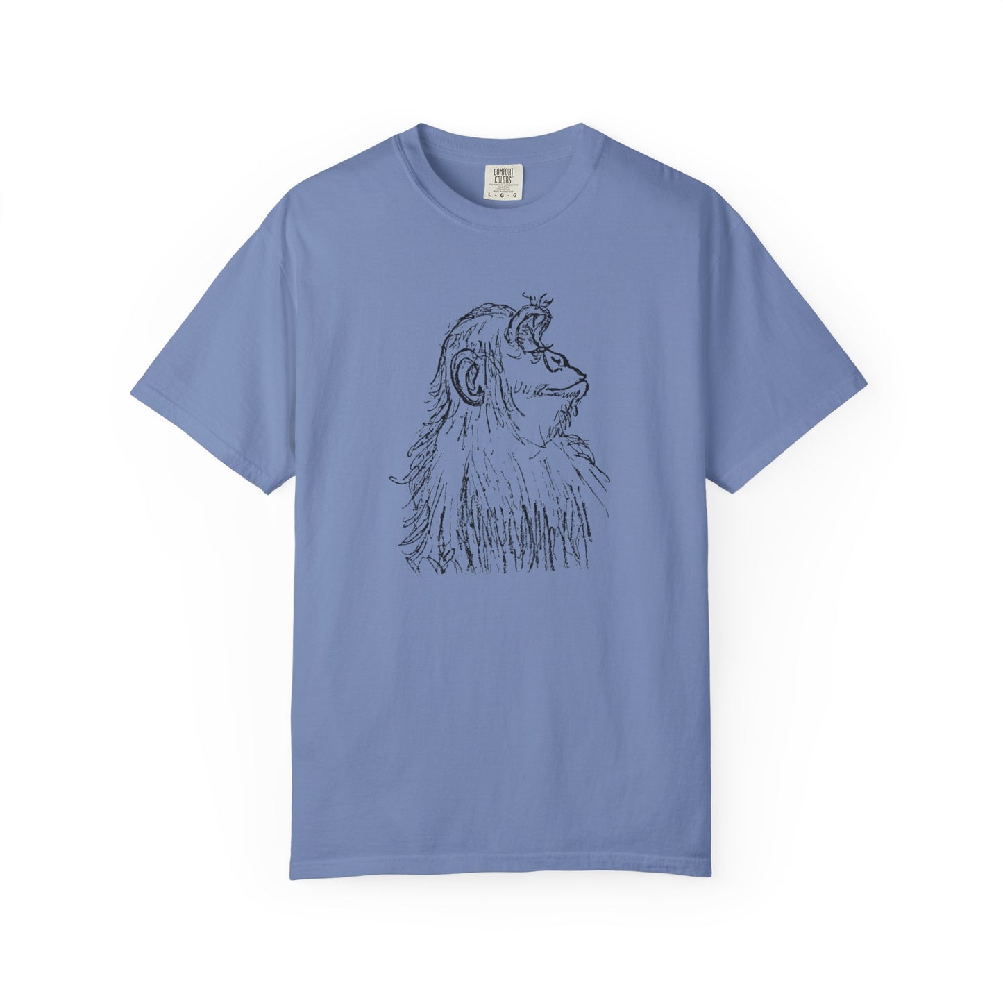 Washed Denim T-shirt 'Embrace the Monkey Mind' with black sketch of an ape in profile looking right