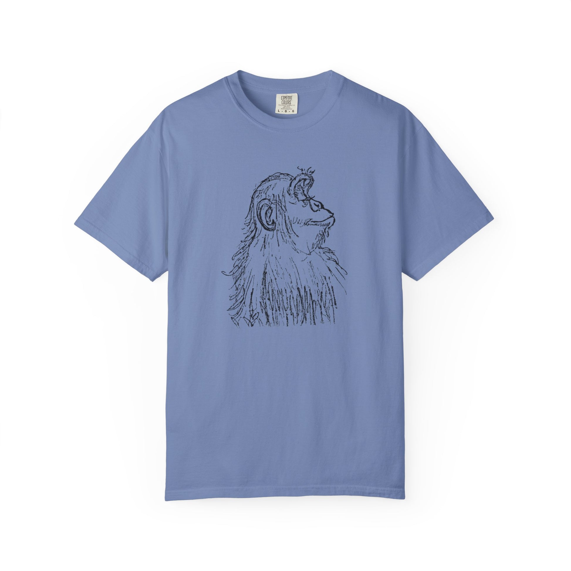 Front of Washed Denim Comfort Colors T-shirt 'Embrace the Monkey Mind' with black sketch of an ape in profile looking right