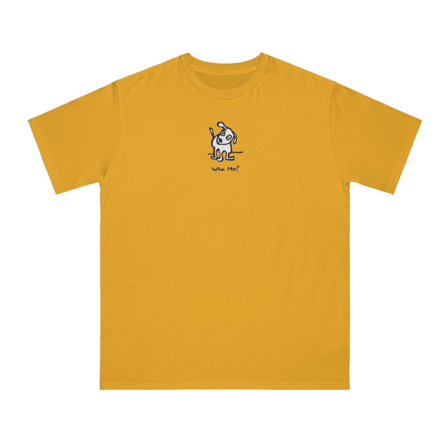 Beehive yellow organic unisex t-shirt featuring a playful, cartoon-style dog with one ear raised and a wagging tail, with the caption “Who Me?” printed below—a fun eco-friendly graphic tee for dog lovers.