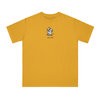 Beehive yellow organic unisex t-shirt featuring a playful, cartoon-style dog with one ear raised and a wagging tail, with the caption “Who Me?” printed below—a fun eco-friendly graphic tee for dog lovers.