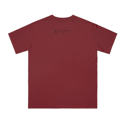 Back of manzanita red t-shirt with Who Me? dog logo and Makin’ a Difference tagline Feeling Good Inside & Out!