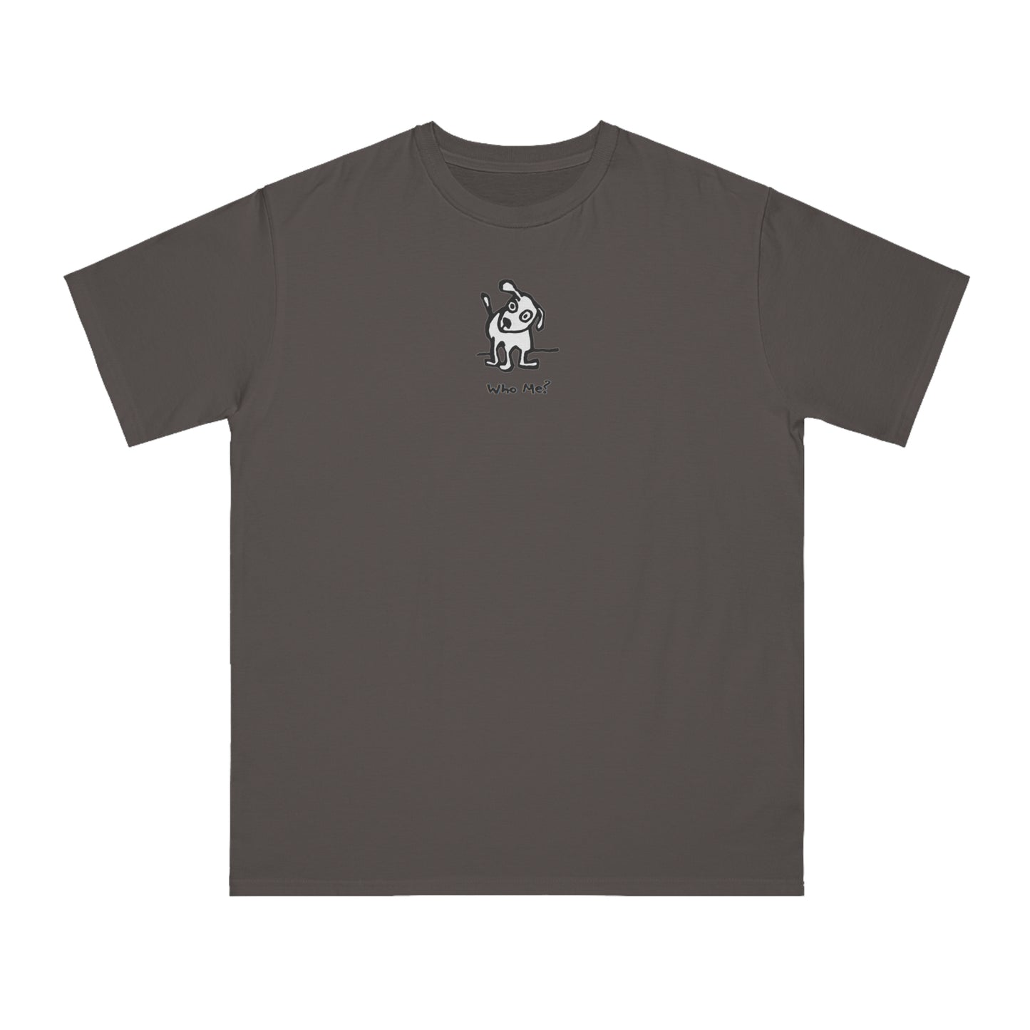 Charcoal dark gray organic unisex t-shirt featuring a playful, cartoon-style dog with one ear raised and a wagging tail, with the caption “Who Me?” printed below—a fun eco-friendly graphic tee for dog lovers.