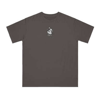 Charcoal dark gray organic unisex t-shirt featuring a playful, cartoon-style dog with one ear raised and a wagging tail, with the caption “Who Me?” printed below—a fun eco-friendly graphic tee for dog lovers.