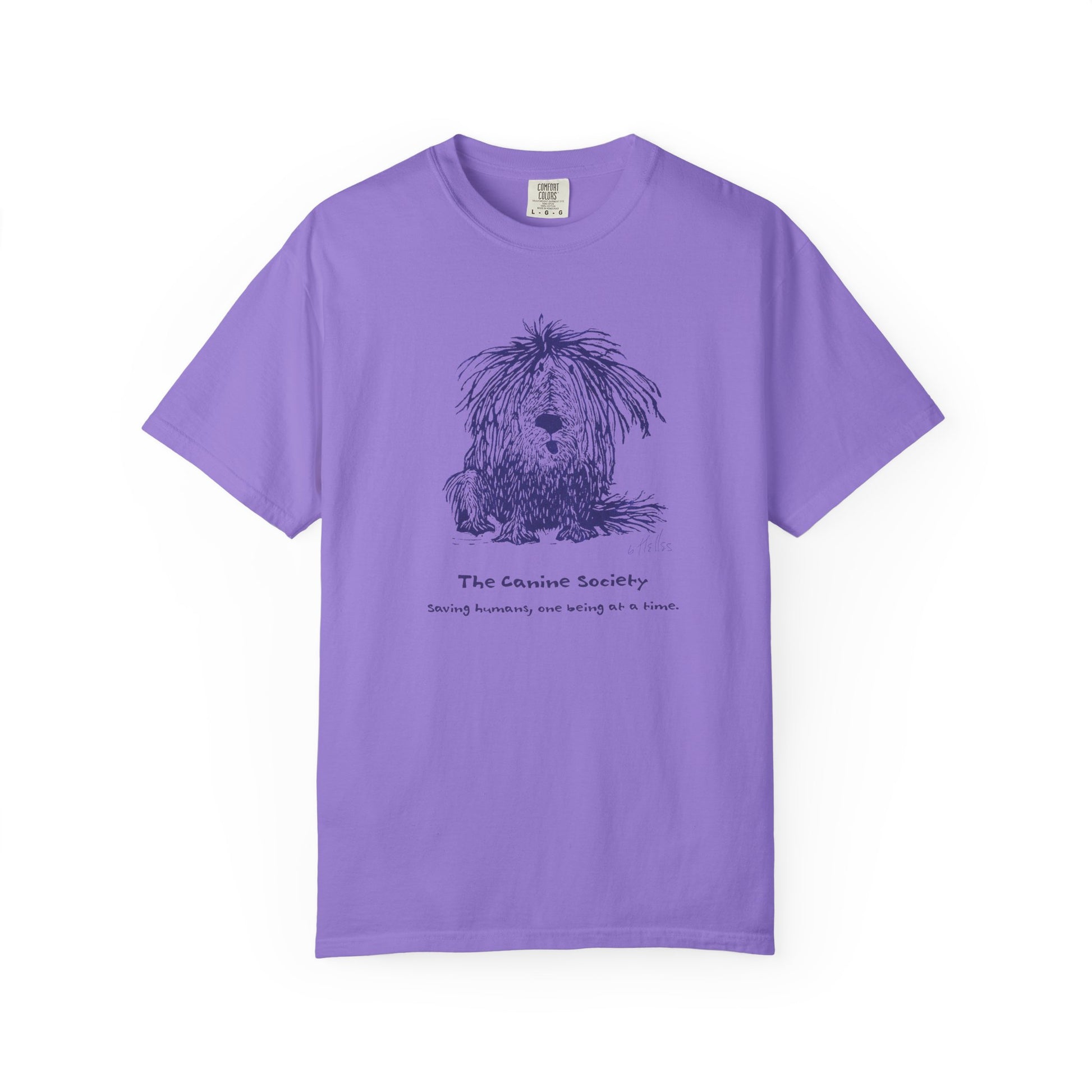 Violet unisex t-shirt featuring a linoleum print image of a shaggy dog in dark blue ink. Text below the image reads "The Canine Society" and "Saving humans, one being at a time."