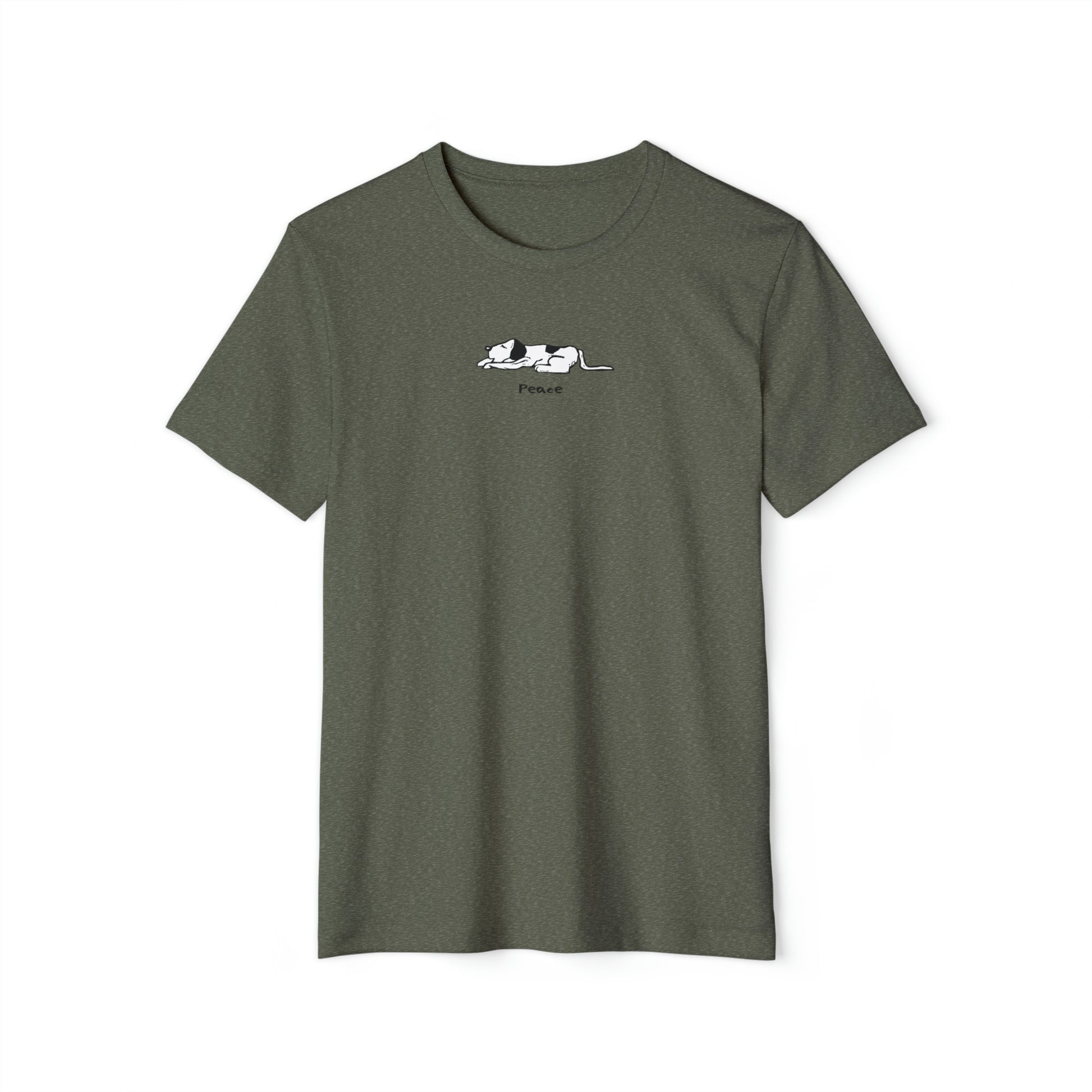 Black and white lying down sleeping dog on heather green color unisex men's t-shirt.  Text under image says Peace.
