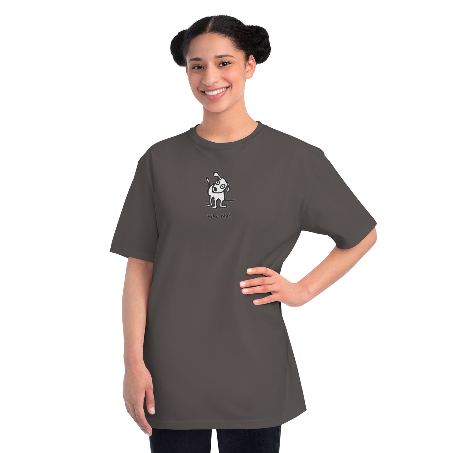 Woman in charcoal dark gray organic unisex t-shirt featuring a playful, cartoon-style dog with one ear raised and a wagging tail, with the caption “Who Me?” printed below—a fun eco-friendly graphic tee for dog lovers.