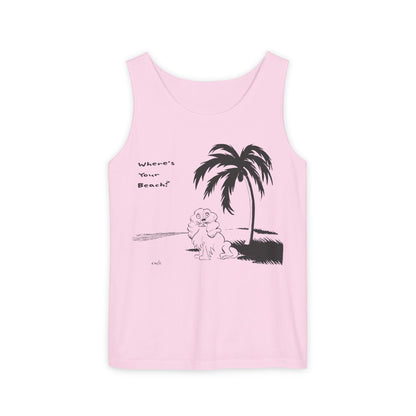 pink colored tank top with image of cocker spaniel on beach under palm tree with text reading Where's Your Beach?