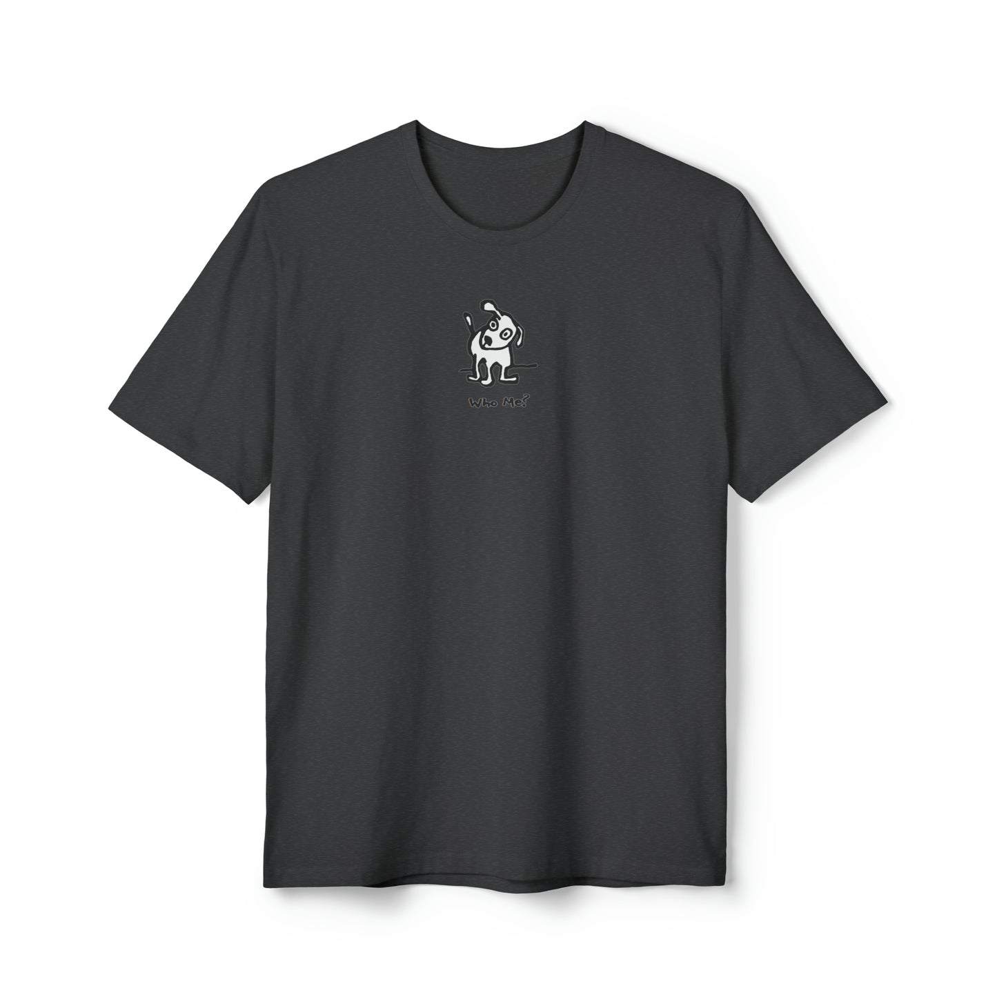 Black and white dog with head cocked to one side on charcoal heather color recycled unisex men's t-shirt. Text under image says Who Me?