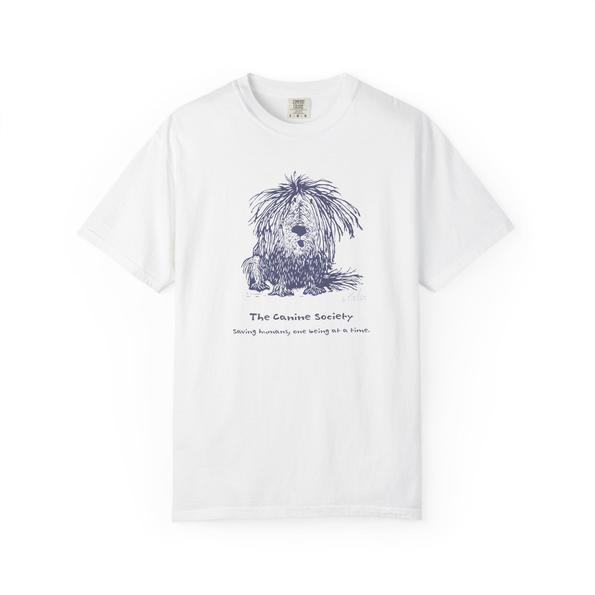 White unisex t-shirt featuring a linoleum print image of a shaggy dog in dark blue ink. Text below the image reads "The Canine Society" and "Saving humans, one being at a time."