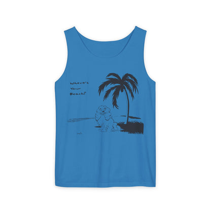 royal blue colored tank top with image of cocker spaniel on beach under palm tree with text reading Where's Your Beach?