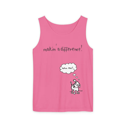 Woman with hand on hip wearing a neon bright pink tank top that reads "Makin' a Difference" across the chest, with a small cute dog beside her, head cocked, and "Who me?" in a thought bubble above the dog.