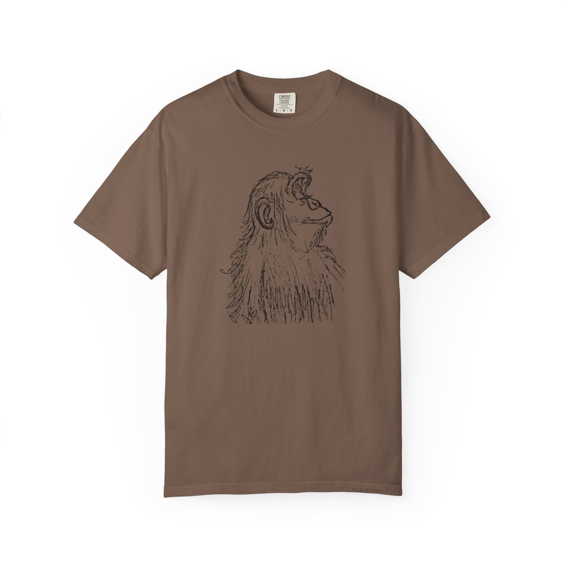 Front of Espresso Comfort Colors T-shirt 'Embrace the Monkey Mind' with black sketch of an ape in profile looking right