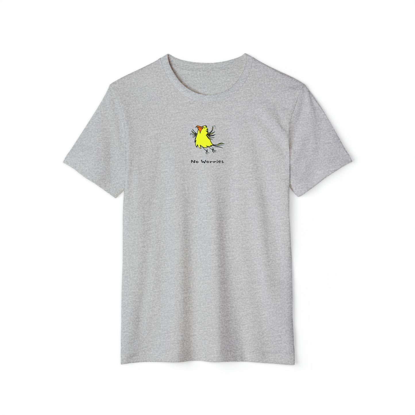 Yellow flying bird with orange beak on athletic heather grey color unisex men's t-shirt. Text under image says No Worries