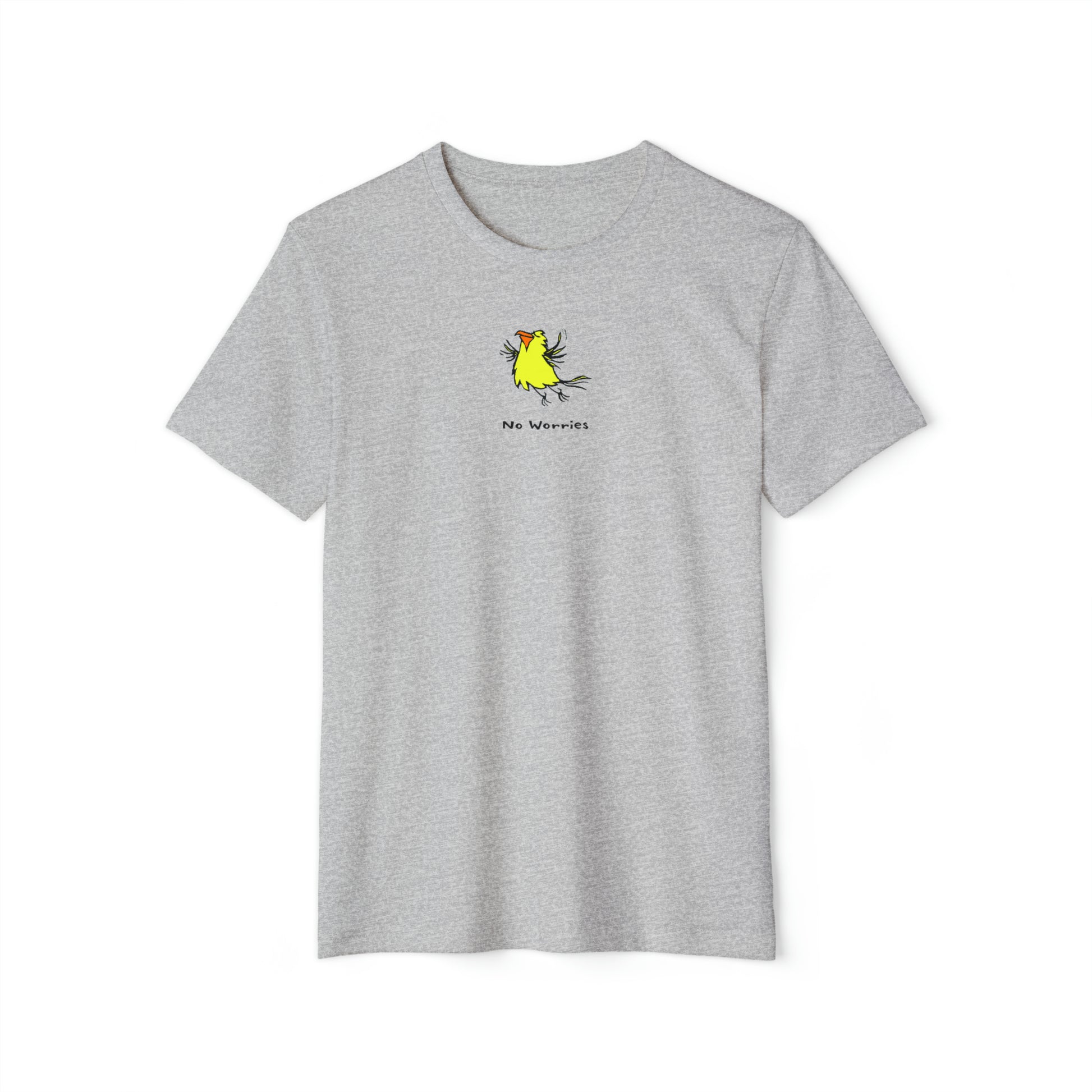 Yellow flying bird with orange beak on athletic heather grey color unisex men's t-shirt. Text under image says No Worries