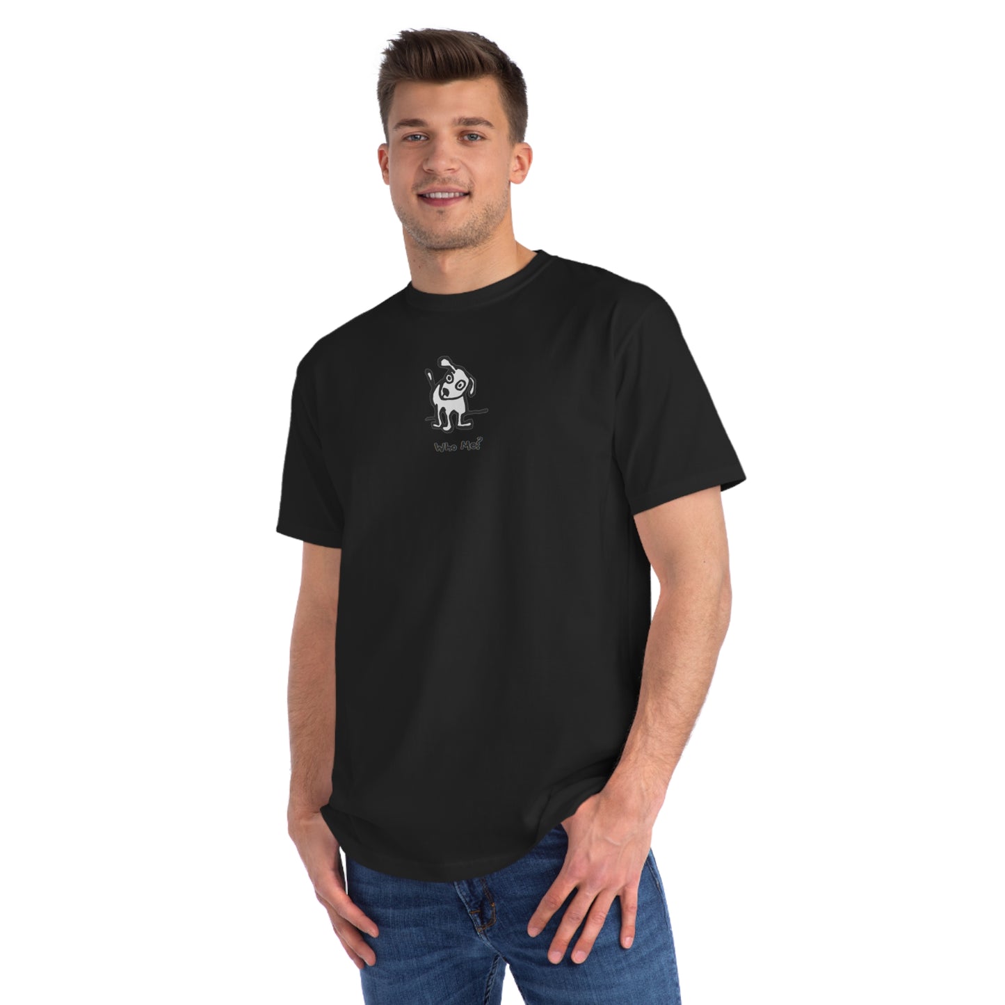 Man in black organic unisex t-shirt featuring a playful, cartoon-style dog with one ear raised and a wagging tail, with the caption “Who Me?” printed below—a fun eco-friendly graphic tee for dog lovers.