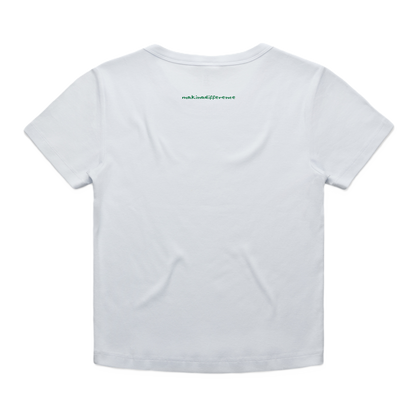 The word makin'adifference written in green, centered about 2 inches below back neckline.