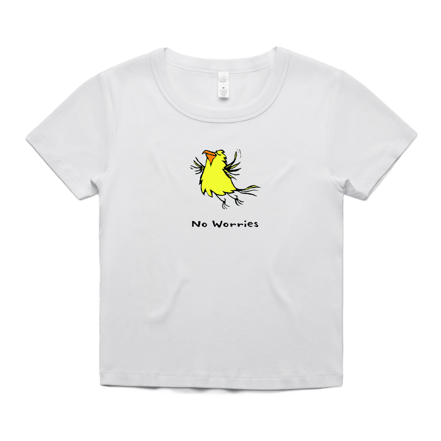 Off-white baby tee featuring a cartoon like illustration of a yellow flying happy bird with orange beak.  No Worries text written underneath.