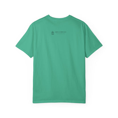 Back of crimson seafoam green U.S. grown Comfort Colors t-shirt with Who Me? dog logo and Makin’ a Difference tagline Feeling Good Inside & Out!