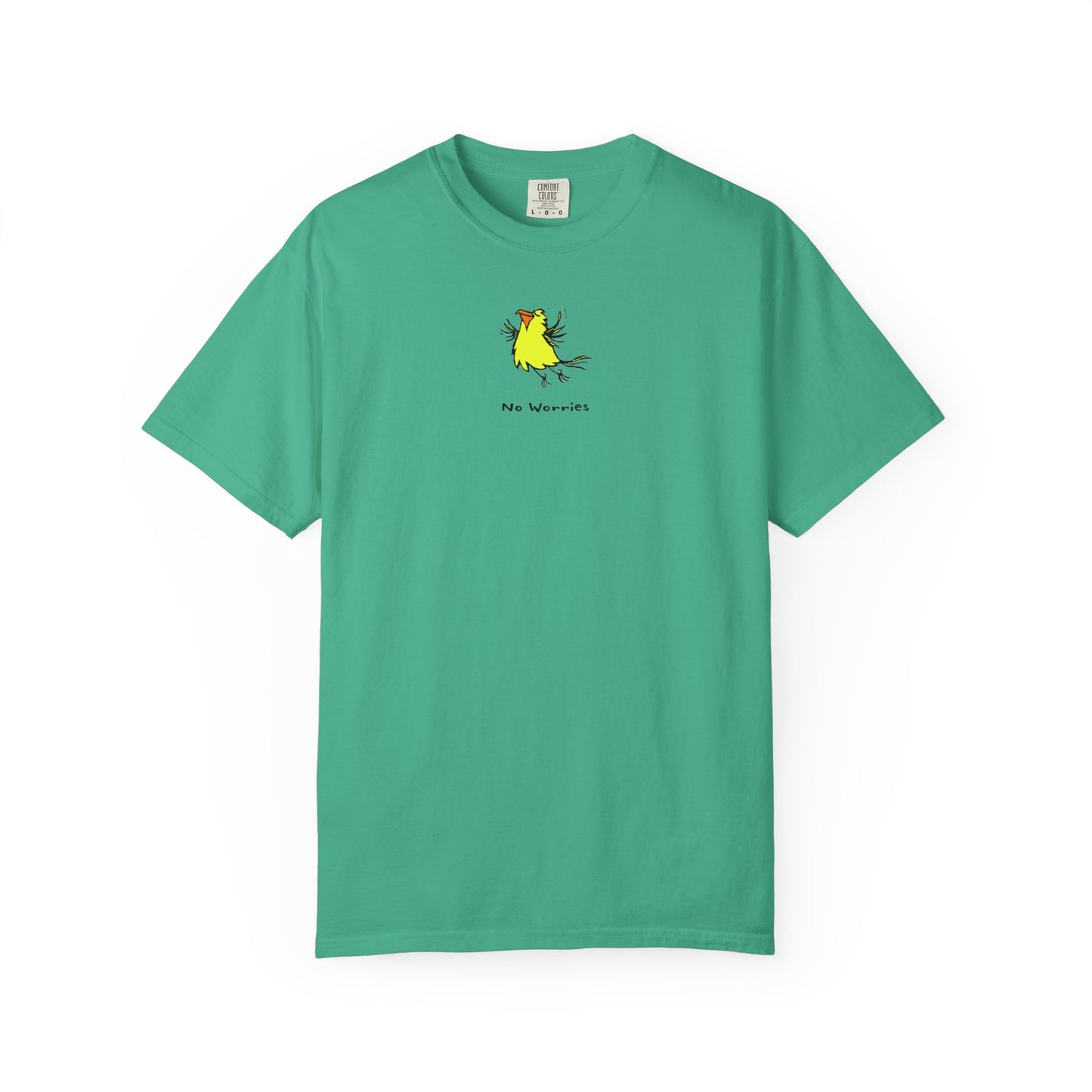 Front of island green U.S. Grown cotton Comfort Colors t-shirt featuring a small, centered linocut-style illustration of a happy looking flying yellow bird with an orange beak.  Below the artwork is the phrase “No Worries.”