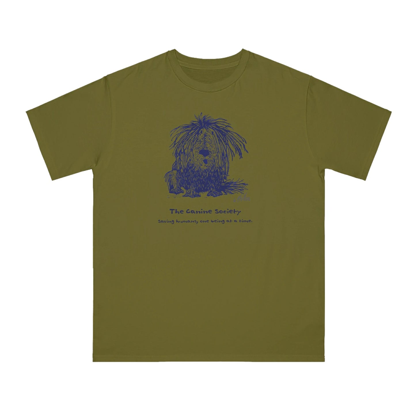 A Shaggy Dog sits on an olive color unisex men's t-shirt. Text below reads: 'Canine Society Saving Humans One Being at a Time.'