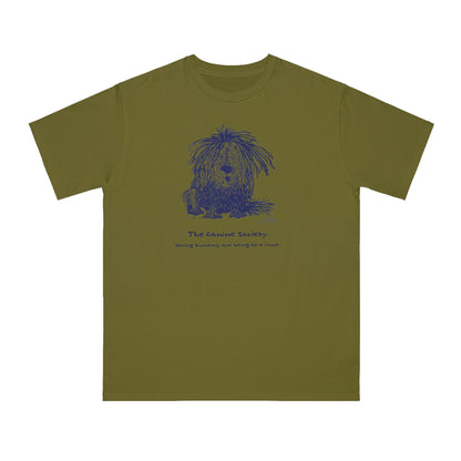 A Shaggy Dog sits on an olive color unisex men's t-shirt. Text below reads: 'Canine Society Saving Humans One Being at a Time.'