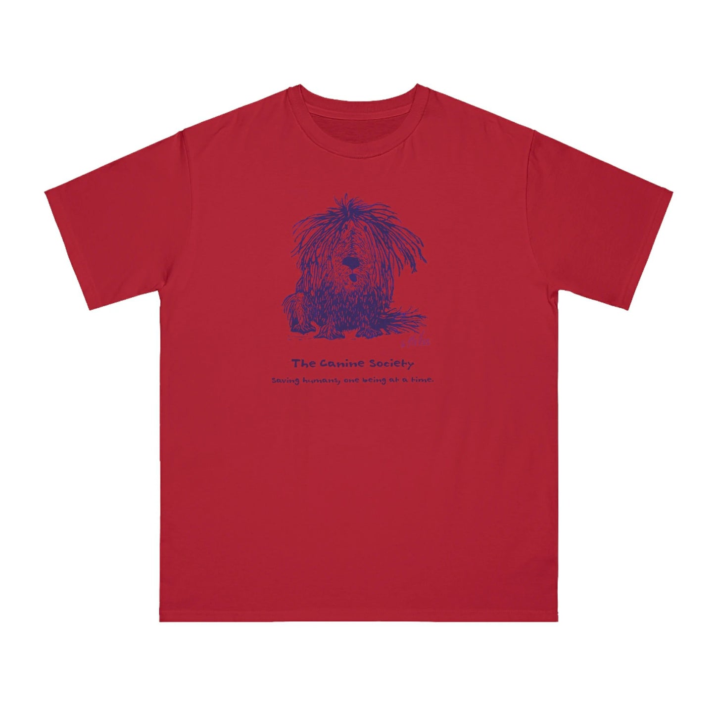 A Shaggy Dog sits on a red pepper color unisex men's t-shirt. Text below reads: 'Canine Society Saving Humans One Being at a Time.'