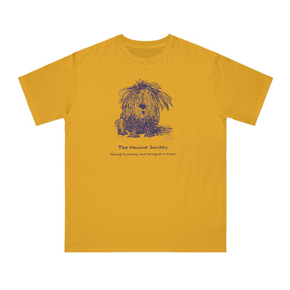  A Shaggy Dog sits on a yellow beehive color unisex men's t-shirt. Text below reads: 'Canine Society Saving Humans One Being at a Time.'